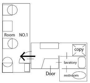 Room　NO,1は入って左側に御座います。タッチキーを眺めに触れてからロックナンバーをご入力下さい。 - レンタルオフィス【オフィス西片】 1号室の間取り図