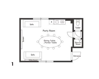 椅子が10脚、3名様掛けのソファが2台ございます。トイレも室内に完備されております。 - 634 Hotel Morihita 1F Party Room(ポーカー、スポーツ観戦等の多目的)の間取り図