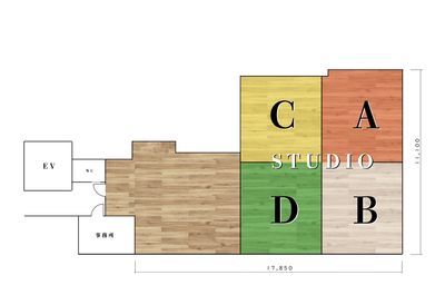 A～Dまでのスペースが貸し切りです。
共有スペースは、屋上スペースをご利用のお客様の出入りがある場合がございます。 - studio Chill (なんばレンタルスペース） パーティースペース・撮影スペースの間取り図