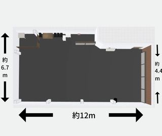 横約12m×縦約4.4mのスタジオに更衣室スペースと物置きスペースが付き合計80㎡になります。 - ACEスタジオ 馬喰町日本橋店 令和5年11月改装✨【馬喰町駅徒歩1分】80㎡の広い地下スタジオの間取り図