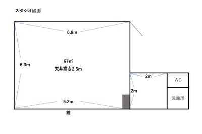 DWM 70㎡、鏡、バー、リノリウム、長机、椅子30脚、Wi-Fi完備の間取り図