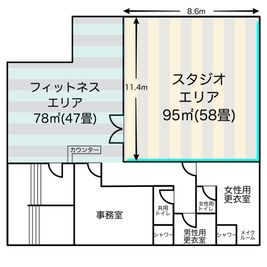 スタジオエリアのみレンタル利用が可能です。フィットネスエリア、更衣室、シャワー等をご利用されたい方は別途お問い合わせ下さい。 - 諏訪のレンタルスペース｜ラヴィフィットネスコミュニティ 諏訪のレンタルスタジオ｜レンタルスペース｜ダンススタジオ｜ラヴィの間取り図