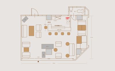 ゆったり全ソファ席（カウンターのみバースツール） - Feel Osaka Yu ホテルの1Fカフェスペースの間取り図