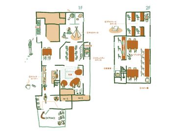 1F/2 F見取り図 - コワーキング＆シェアオフィスCOMMUNE泉佐野 コワーキングスペース（ドロップイン）の間取り図