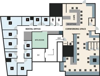 背景の青い3番のお部屋です。 - 聖蹟桜ヶ丘徒歩1分コワーキングスペースLILIC（リリク） 聖蹟桜ケ丘駅、東口から徒歩1分の貸切個室[OFFICE004]の間取り図