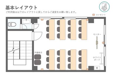 退室の際は基本レイアウトにお戻しの上、予約時間内に退室をお願いいたします。 - ♬マルチアクセス貸会議室＠東京♬ アクセス抜群の貸し会議室・レンタルスペースの間取り図