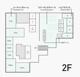 階段を上がっていただくと正面が受付です。Calmは受付の後ろに位置するお部屋で、右からも左からも行くことができます。 - Connect291 -コネクト291- ミーティングルーム Calm（4名部屋）の間取り図