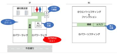 1FとB1の2フロアからなるジム - GORILLA HUB KOMAGOME | ゴリラハブ駒込 駒込駅徒歩6分の①パワーラックスペースの間取り図