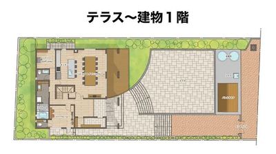 テラス〜建物1階 - macco 【macco】屋外サウナ付きレンタルハウス（10名まで）の間取り図