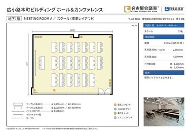 ROOM Aの基本レイアウトはスクール形式です。 - 名古屋会議室 広小路本町ビルディング ホール&カンファレンス ROOM A（B1階）の間取り図