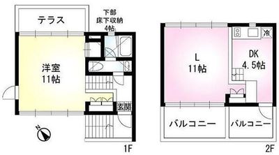 1F,中2F(水回り)、2F(リビング)、3F(キッチン＆ワークスペース)となっています。1Fにはミニテラス、2F、3Fにはバルコニーがつきます。 - 海近デザイナーズの両面彩光テラスハウス | 大きい窓   海近デザイナーズの両面彩光テラスハウス | 大きい窓 の間取り図