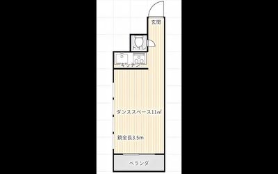 スタジオ全体22㎡、ダンススペースが11㎡、鏡全長3.5mとなります。 - 三鷹レンタルスタジオRin 【三鷹駅3分】ダンス・ヨガが出来るレンタルスタジオ！当日予約可の間取り図