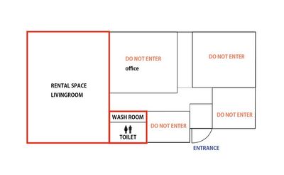 赤いラインの場所が使用可能場所です。
こちらは自宅と事務所も併設しているために使用できない場所があります。
リビングルームのみの使用可能です。 - LivingRoom+BAr リビングルームレンタルスペースの間取り図