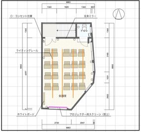 広々とした会議室形態です。机・椅子は動くので、広く撮影などでも利用可能です。 - コトノハ梅小路 多目的スタジオ/貸し会議室の間取り図