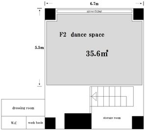 スタジオ内に、更衣室・トイレがあります。ダンス専用スペースは約３５㎡です。 - ステップ東村山１号店 「ステップ１号店」レンタルスタジオの間取り図