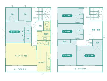 黄色部分が使用可能です。他の部屋は月極の入居者がいます。共用部のデスクはパーテイションで区切っており、キッチンに至る通路は他の利用者が出入りする可能性があります。 - Will　Labo　西山本 多目的スペースの間取り図