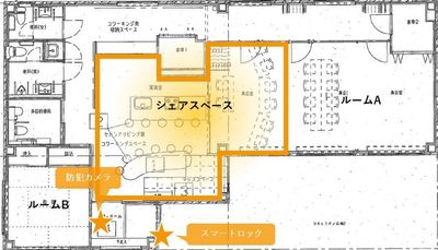 間取図（シェアスペースは、ルームA・ルームBの方も共用部として利用されます） - OPH枚方駅前 『 ツドイノヒロマ 』 ツドイノヒロマ「シェアスペース（キッチン付）」の間取り図