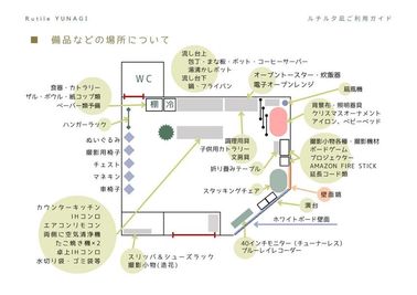 備品配置図 - レンタルキッチン＆撮影スペース【Rutile夕凪】 撮影＆パーティが出来るレンタルキッチンスペースの間取り図