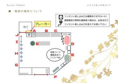 コンセント配置図 - レンタルキッチン＆撮影スペース【Rutile夕凪】 撮影＆パーティが出来るレンタルキッチンスペースの間取り図