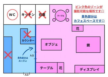  ピンク色のゾーンが ご利用可能部分(撮影可）
 ❌は 入ってはいけないところになります。
青色部分での撮影はおやめ下さい。トイレは⭕️
 - アトリエカシュカシュ撮影スタジオ 羽の非日常空間✨アトリエカシュカシュ　仙台の間取り図