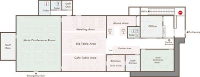 施設の間取りです。
緑の空間は予約専用エリアとなります。 - J-スイッチ コワーキングスペース　ドロップインの間取り図