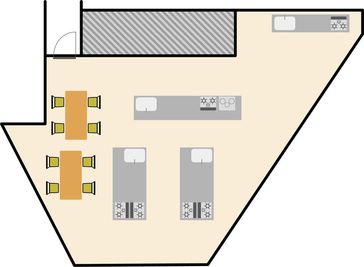 【クッキングスペース配置図】
飲食ができるテーブル、調理ができるスペースもございます。
※テーブルには12名着席可能 / 95.3㎡
 - 西部ガスショールーム　ヒナタ福岡 西部ガスショールームのキッチンスペースの間取り図