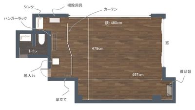 スタジオの間取り図（鏡480cm） - 青砥ダンススタジオWell ダンスができるレンタルスタジオの間取り図