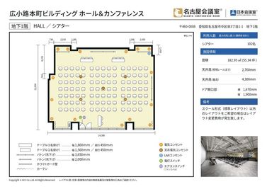 シアター形式や島型形式などスクール形式・ロの字形式以外のレイアウトをご希望の場合はその他レイアウト変更費用が発生致します。 - 名古屋会議室 広小路本町ビルディング ホール&カンファレンス HALL （B1階）の間取り図