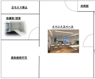 お貸出は、イベントスペースと会議室/控室の２部屋です。
開放出来る部屋はもう１室ございますが原則使用不可で利用の際は要相談になります。 - 六本木100feetの間取り図