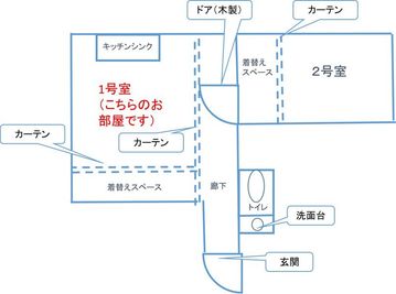 間取りは、１つの居室を、カーテンとドアで区切って２部屋（１号室と２号室）で使用する形式です。 - レンタルサロンLapis高田馬場 １号室の間取り図