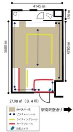 間取り図（ピクチャーレール・ライティングレール・カーテンレール・防犯カメラの設置位置） - みなみ町SAの室内の写真