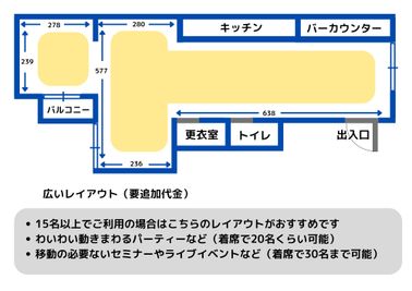 広いレイアウト（要追加代金）
15人以上のイベント
ライブ・セミナーなど - タロカリ タロカリ　カフェ丸ごとレンタルの設備の写真