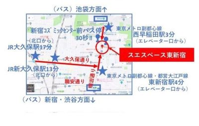 東新宿駅 4分 副都心・大江戸線
西早稲田駅 3分 副都心線
新宿、渋谷、池袋駅からバス1本、【新宿コズミックセンター前】1分
新大久保駅 13分 山手線 - スエスペース東新宿のその他の写真