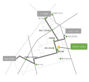 アトリエまでの地図です。
八丁畷駅が最寄り駅ですが、鶴見市場駅、バス利用で川崎駅や鶴見駅からもお越しいただけます。 - レンタルスタジオ　Atelier mako 昼間の利用がお得◎木の温かなスタジオAtelier makoのその他の写真