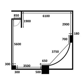 スタジオ内の平面図となります。
右下のアールがウッド背景です。 - EXスタジオ麹町 動画配信・撮影スタジオ Dの室内の写真