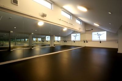 （同施設内の別スペース）前後二面鏡、壁固定バー、移動式バー3本。アテール社施工の空間のある床で、リノリウムは英国ハーレクイン社製です。 - めるもバレエ metamorphose Ballet バレエ個人練習　リノリウム　ポワント　トゥシューズ　三面鏡の室内の写真