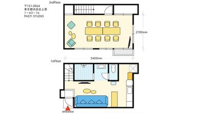 １階:ソファベッド/シャワー室/キッチン/トイレ
2階:テーブル2台/ソファイス8脚/1人掛ソファ/オットマン - レンタルスペース代々木公園PASTI STUDIO 駅近徒歩3分【レンタルスペース代々木公園PASTI STUDIOの室内の写真