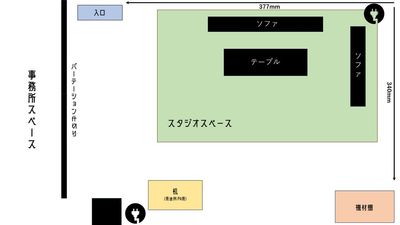 パーテーションを介して同フロアにスタッフが待機しております。何か機材トラブルや移動等ございましたらお声がけください。 - 00Studioの室内の写真