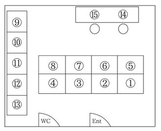 室内のレイアウトです。半個室ブース①～⑧の机の幅は約90cm、⑨～⑬は約86cmです。⑭と⑮はオープンデスクです。お席の選択は自由です。 - 集中ブース Porte 自習室・ワークスペースの室内の写真