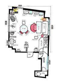 間取り図＞配置や寸法になります☆彡
ご参考に
※赤いソファーの位置が西側に変更になりました。 - 撮影スタジオ＆パーティースペース「リンゴバケーション」 🍎オシャレでPOPな多機能パーティースペースの室内の写真